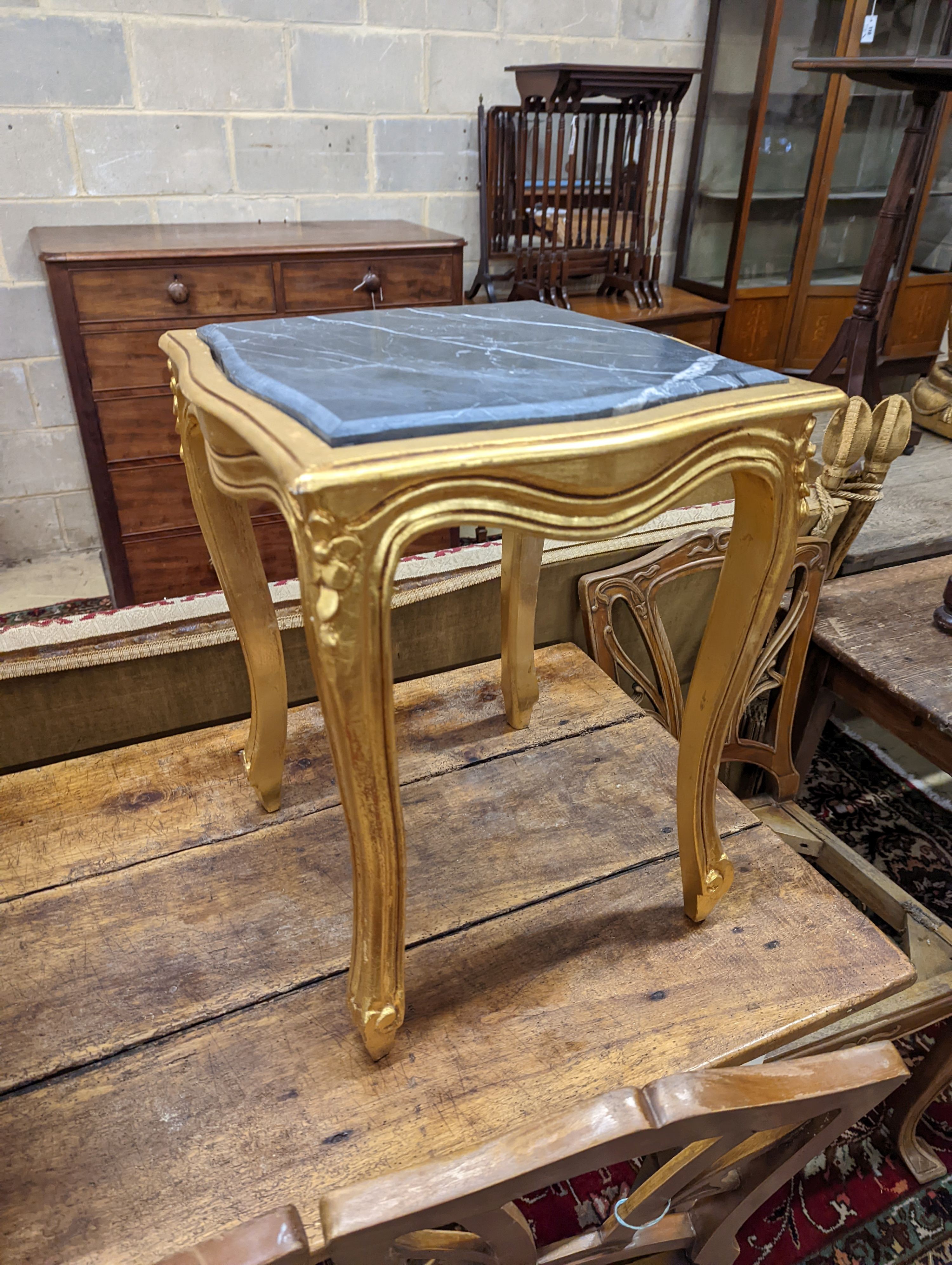 An oval gilt stool with faux zebra top, elbow chair and marble top occasional table. Chair height - 83cm.